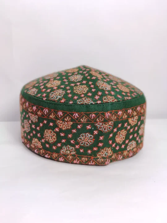 Hand Sozni Work Stylish Green Cap in Pure Pashmina from Kashmir -