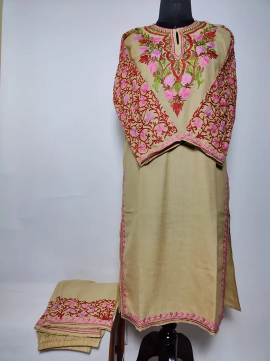 Beige Nihayat Kashmiri Long Cotton Kurti Set with Jaal Sleeve Aari Work
