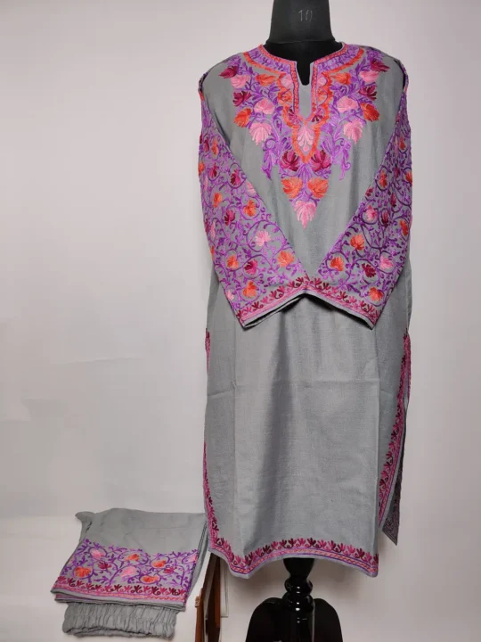 Grey Kashmiri Long Cotton Co-ord Set Billi with Jaal Sleeve Aari Work