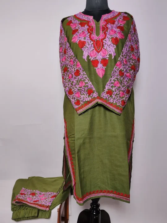 Green Kashmiri Long Cotton Co-ord Set with Jaal Sleeve Aari Work