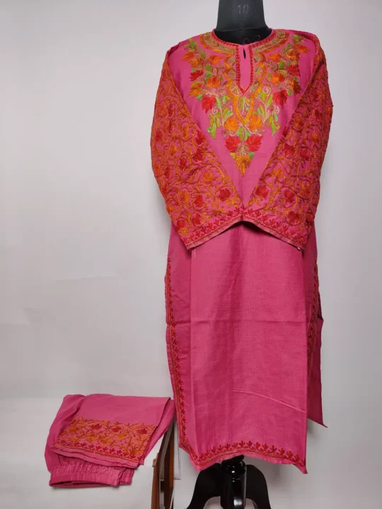 Magenta Kashmiri Long Cotton Co-ord Set Farz with Jaal Sleeve Aari Work