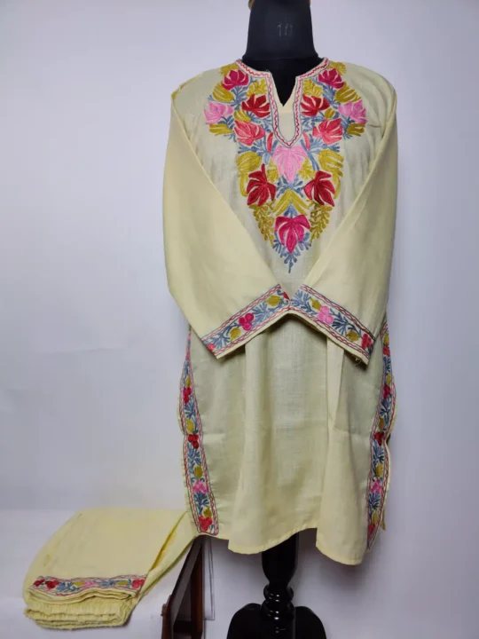 Rayesah Pastel Yellow Kashmiri Short Cotton Kurti Set with Aari Work