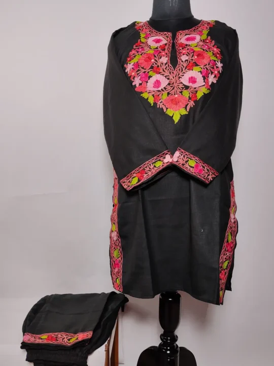 Black Kashmiri Short Cotton Kurti Set with Aari Embroidery Firdousah