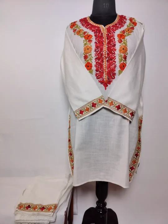 Kashmiri White Short Cotton Kurti Set with Aari Embroidery Mehman