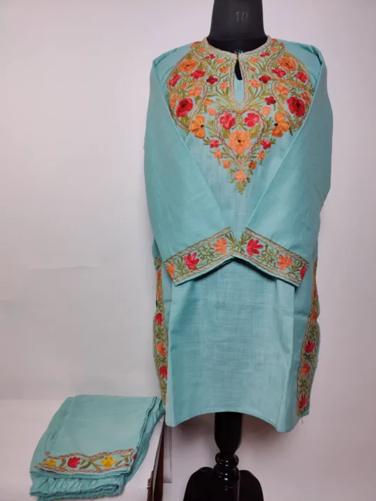 Sky Blue Kashmiri Short Cotton Co-ord Set with Aari Embroidery Fehm