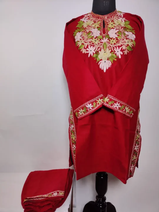 Maroon hafeez Kashmiri Short Cotton Co-ord Set with Aari Embroidery