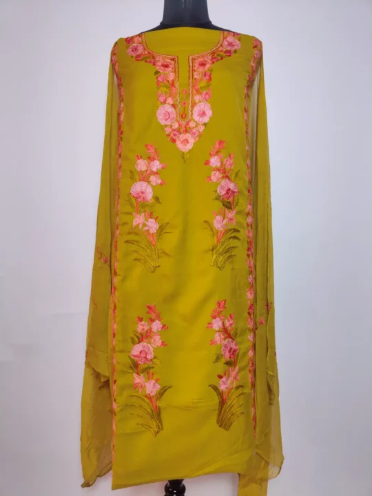 Gulbadan Summer Cool Cotton 3pc Olive Suit with with Aari Embroidery