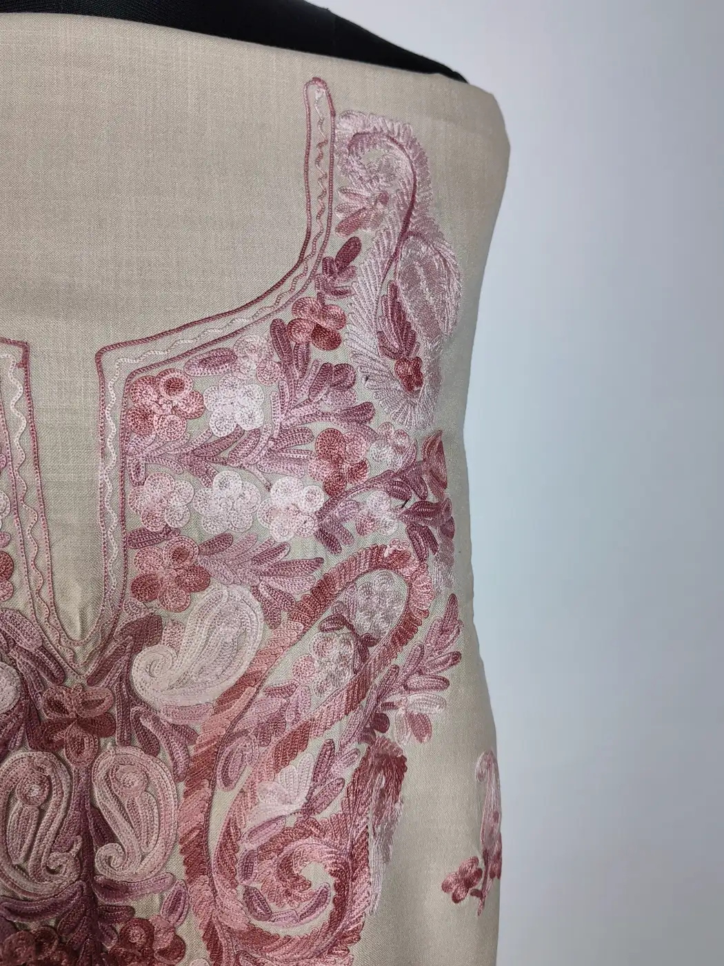 Zaman Kashmiri 3pc Beige Suit in Summer Cool Cotton with Hand Aari Embroidery - Image 2