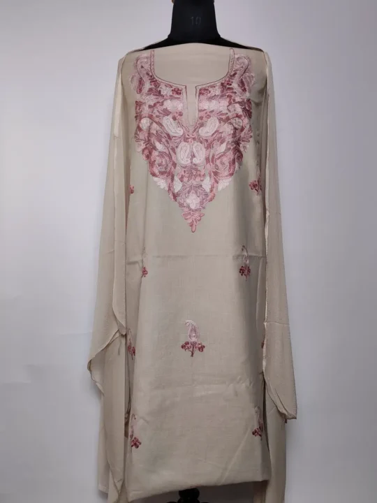 Zaman Kashmiri 3pc Beige Suit in Summer Cool Cotton with Hand Aari Embroidery
