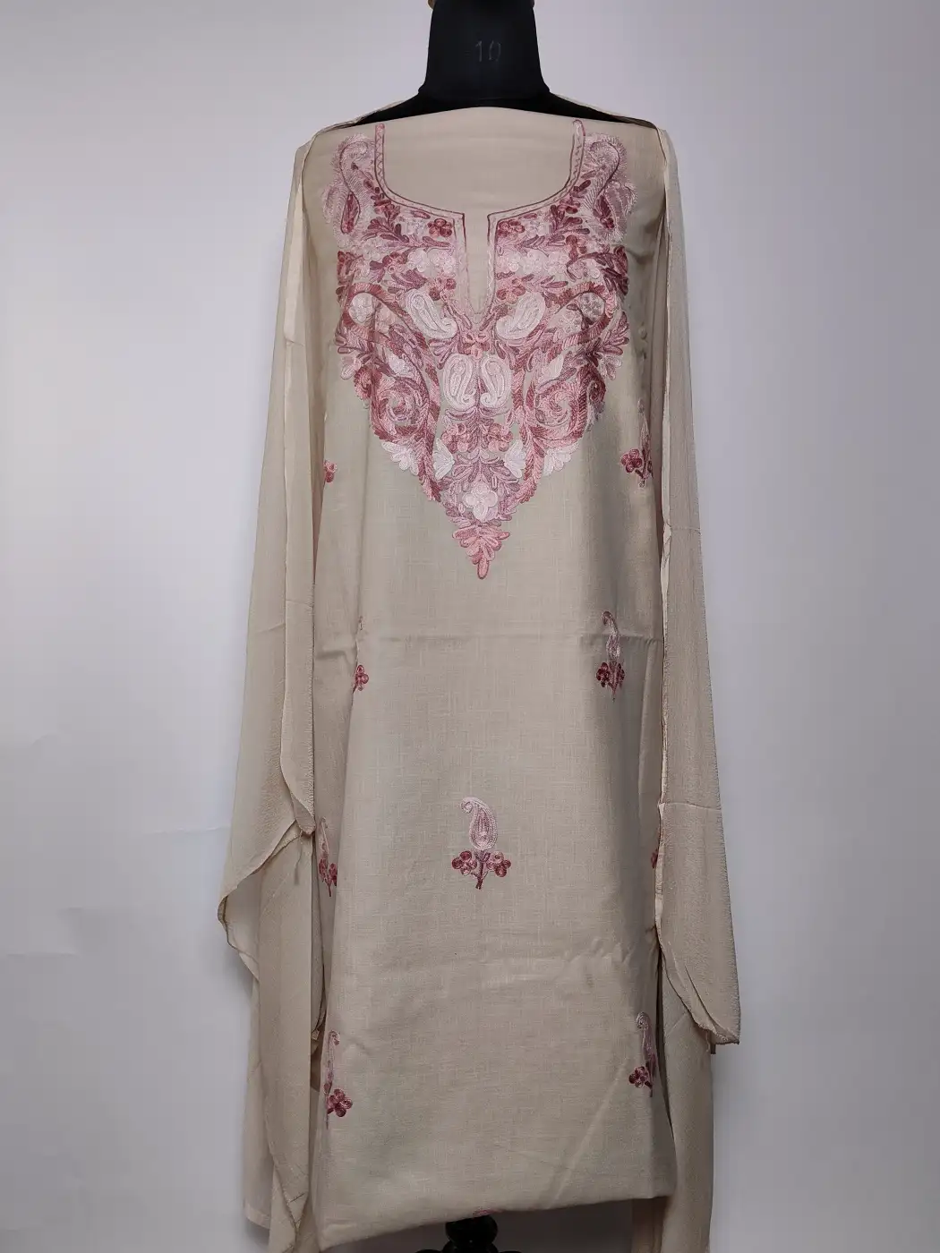 Zaman Kashmiri 3pc Beige Suit in Summer Cool Cotton with Hand Aari Embroidery