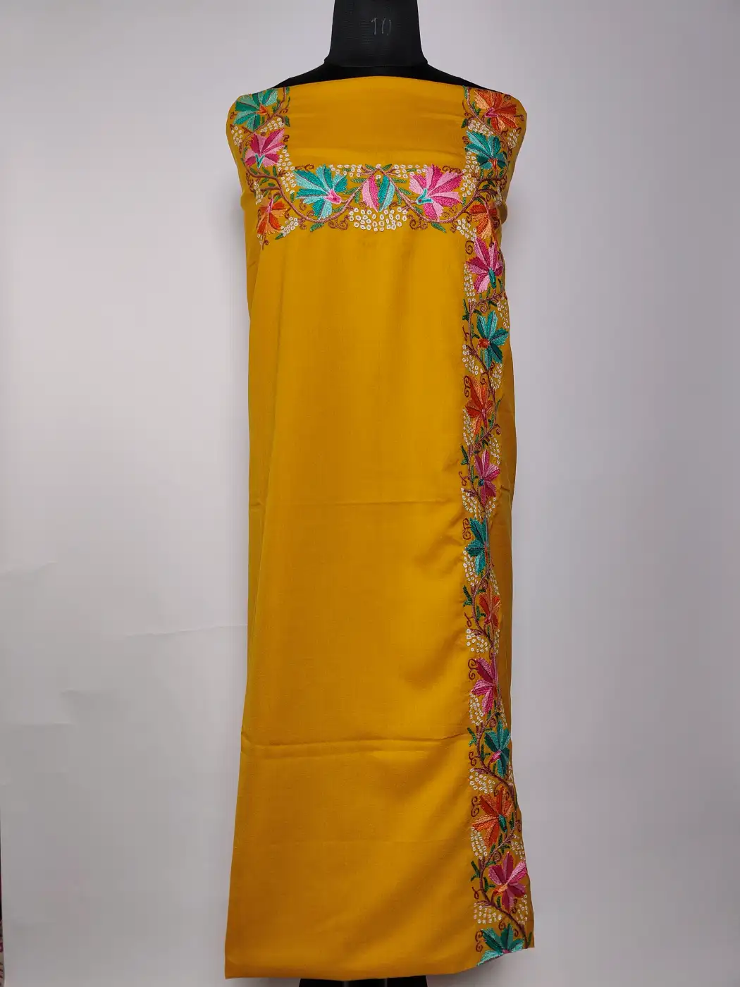 Naqshbandi Mustard Summer Cool Cotton 2pc Kashmiri Suit with Hand Aari Embroidery