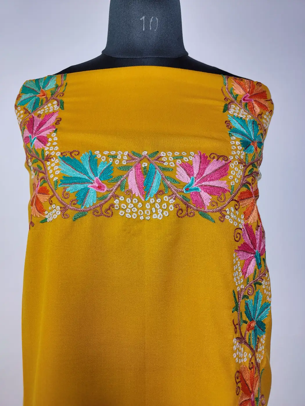 Naqshbandi Mustard Summer Cool Cotton 2pc Kashmiri Suit with Hand Aari Embroidery - Image 3