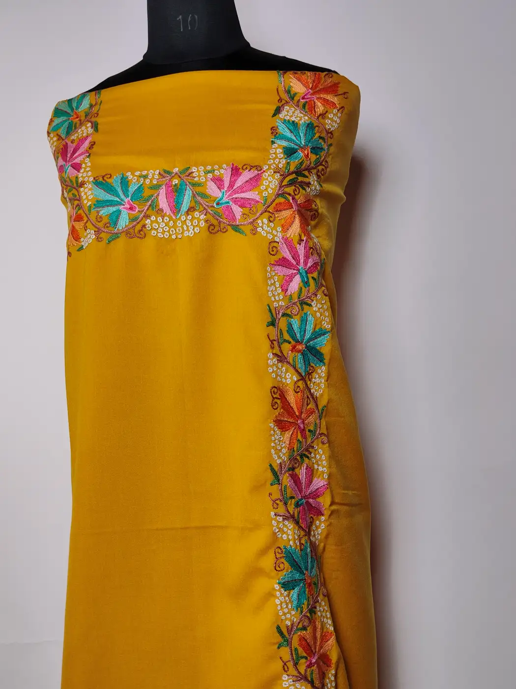 Naqshbandi Mustard Summer Cool Cotton 2pc Kashmiri Suit with Hand Aari Embroidery - Image 2