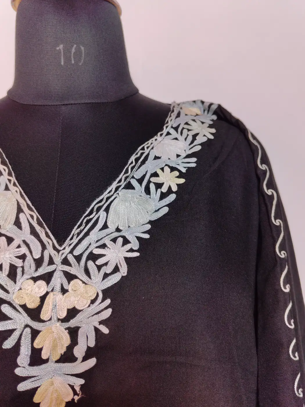 Black Long Summer Cool Cotton Kaftan With Aari Embroidery Rangrez - Image 3