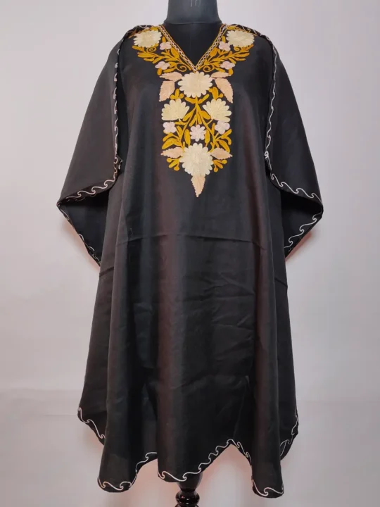 Baseerah Black Long Summer Cool Cotton Kaftan With Aari Embroidery