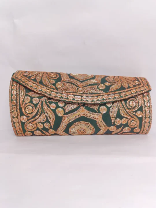 Green Stylish Botte Tilla Embroidered Silk Round Clutch for Festive Wear