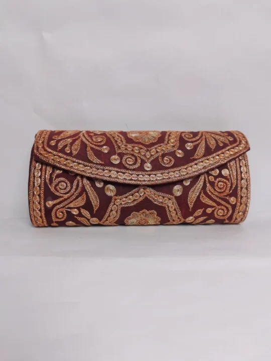 Naqsh Maroon Silk Round Clutch with Botte Tilla Embroidery
