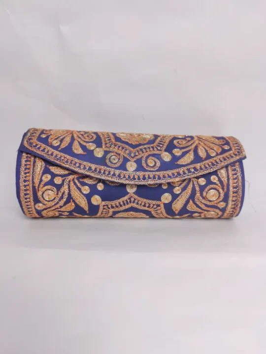 Blue Silk Round Clutch with Zardosi Botte Tilla Embroidery