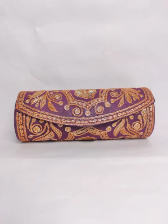 Round Wine Silk Clutch with Botte Tilla Embroidery | Gulnar