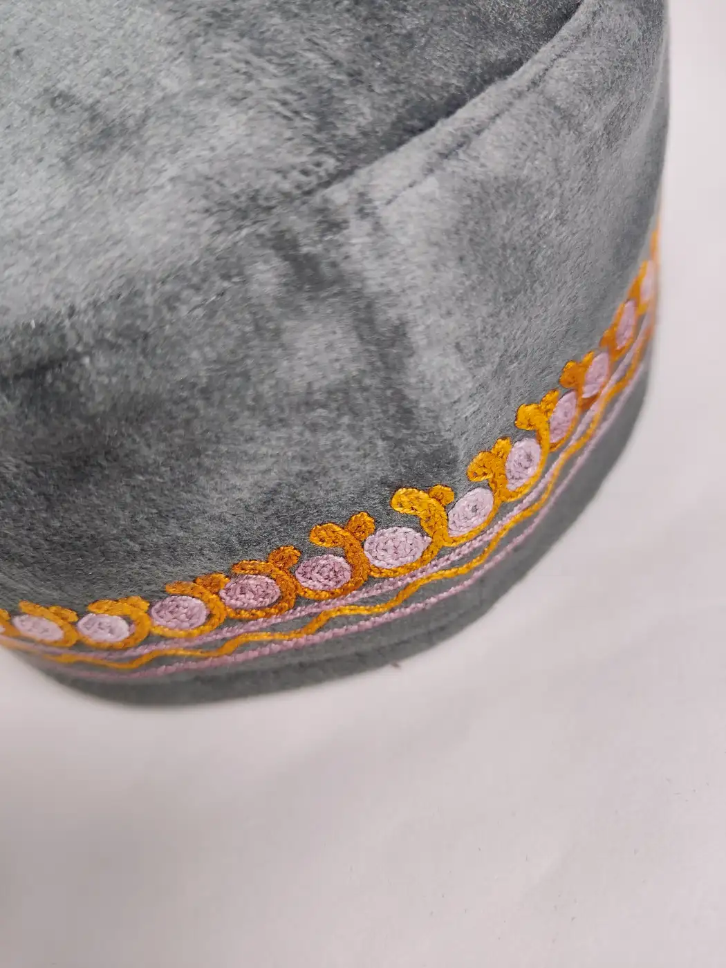 Velvet Kashmiri Dark Grey Cap with Aari Embroidery - Image 3