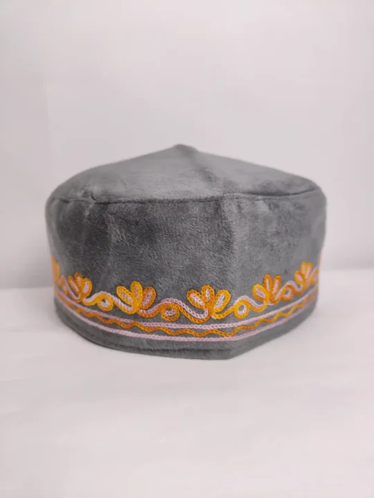 Dark Grey Velvet Kashmiri Cap with Aari Embroidery