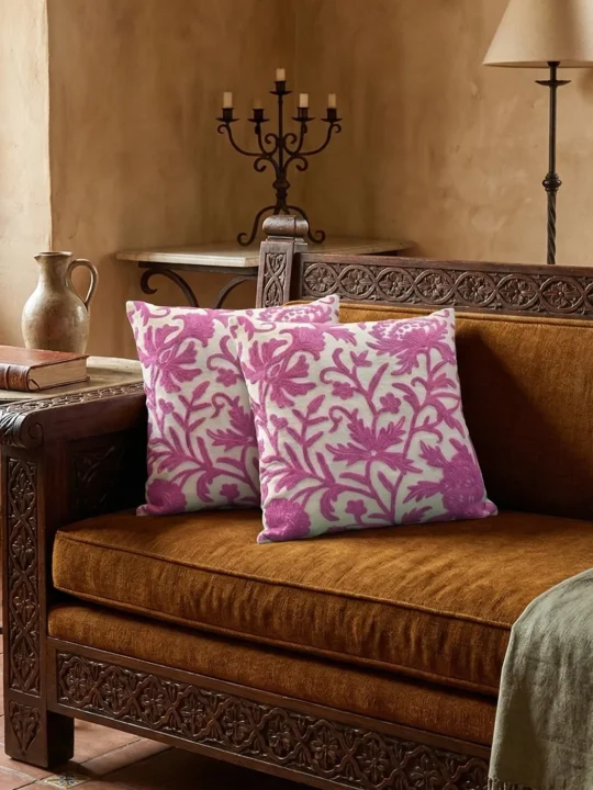 Pink on White Kashmiri Hand Embroidery Crewel Cushion Cover - Set of 2 (16x16 Inches)