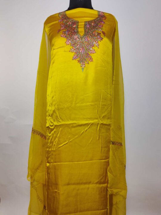 3pc Mustard Modal Silk Kashmiri Unstitched Suit with Hand Sozni Embroidery | Shahneezah