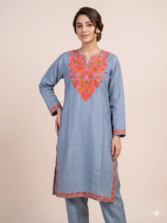 Nafees Grey Kashmiri Long Cotton Kurti with Aari Embroidery