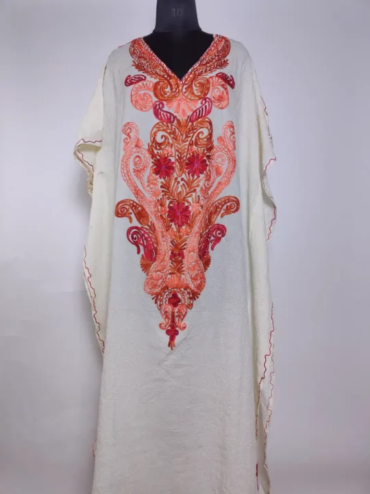 Kashmiri White Long Kaftan Mehr in Crush Cotton with Aari Embroidery