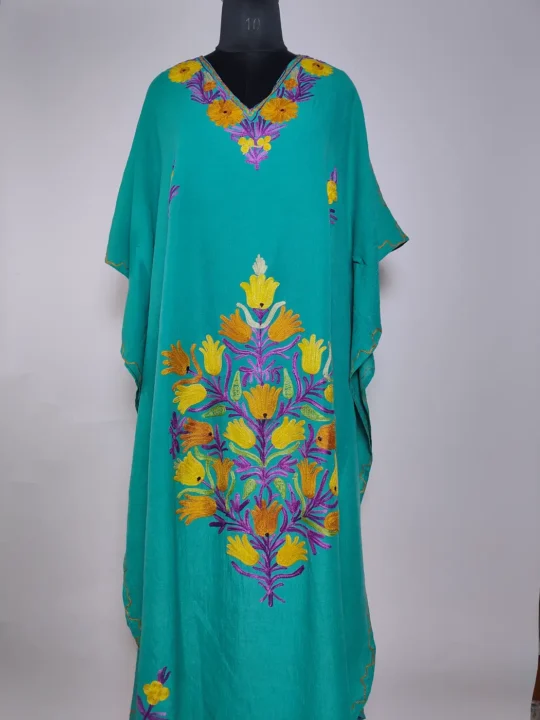 Sea Green Kashmiri Long Kaftan Sadi in Crush Cotton with Aari Embroidery