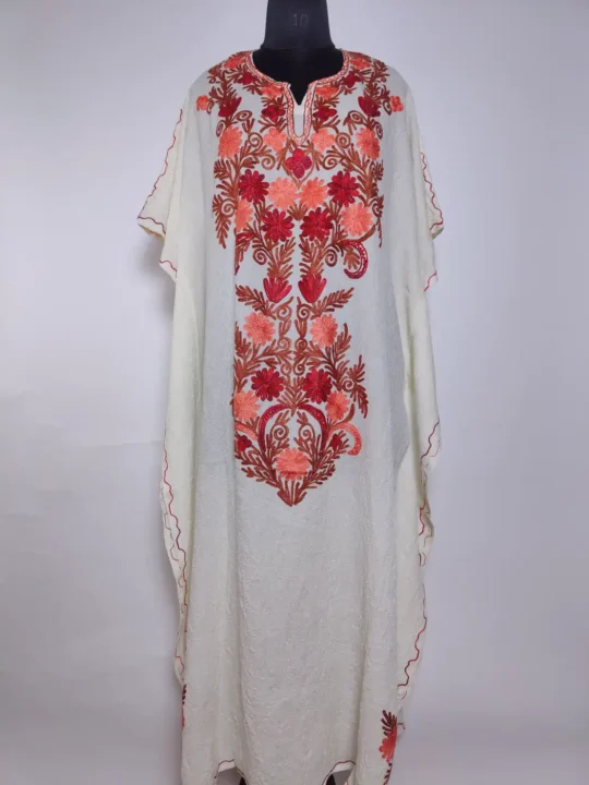Cream Kashmiri Long Kaftan in Crush Cotton with Zarmeen Aari Embroidery