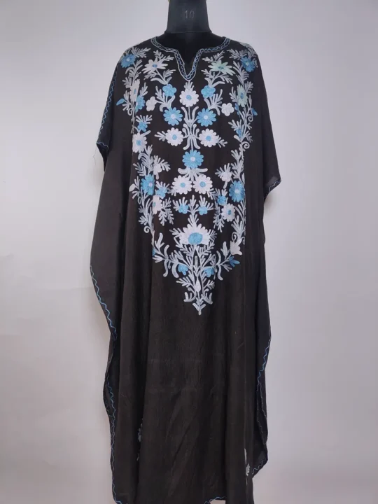Kashmiri Long Kaftan in Black Crush Cotton with Zarmeen Aari Embroidery