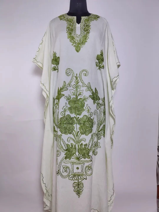 Aabroo Kashmiri Long Kaftan in White Crush Cotton with Aari Embroidery