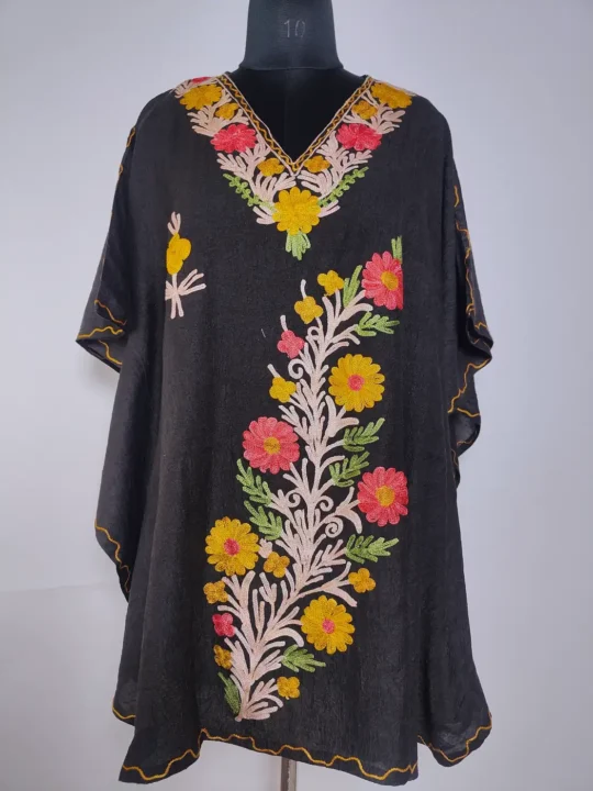 Black Kashmiri Short Kaftan in Risham Crush Cotton with Aari Embroidery