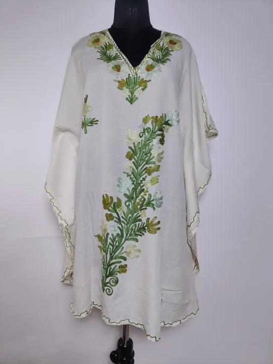 Short Kashmiri White Kaftan in Crush Cotton with Haseen Aari Embroidery