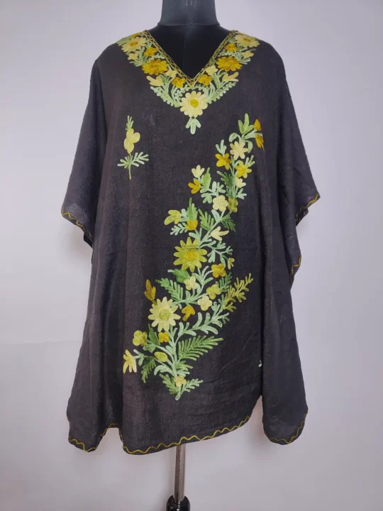 Dilnaz Short Kashmiri Black Kaftan in Crush Cotton with Aari Embroidery