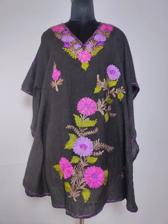 Sadeef Black Short Kashmiri Kaftan in Crush Cotton with Aari Embroidery