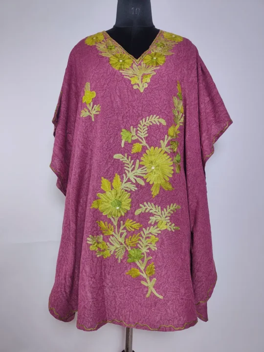 Light Purple Short Kashmiri Kaftan in Crush Cotton with Aari Embroidery