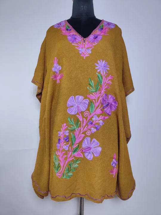 Mahveen Mustard Short Kashmiri Kaftan in Crush Cotton with Aari Embroidery