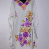 White Short Kashmiri Areeha Kaftan in Crush Cotton with Aari Embroidery