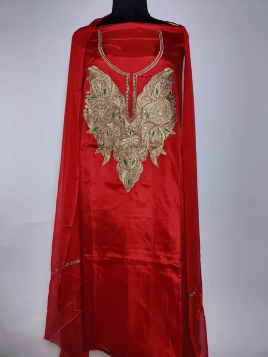 Red Kashmiri 3pc Silk Suit with Zari Embroidery