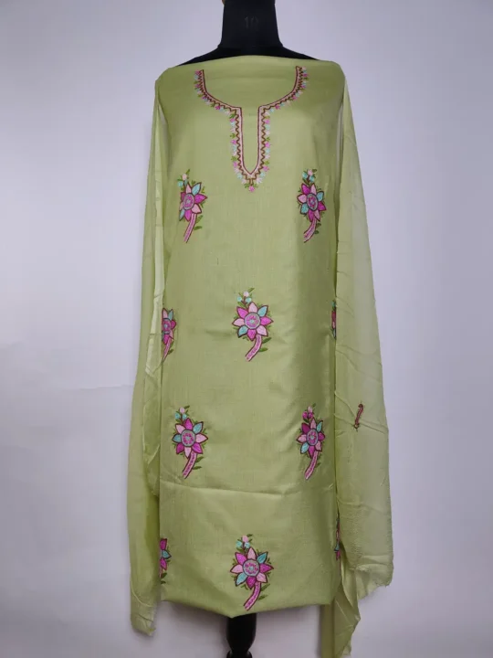 Unstitched Mehrban Kashmiri 3pc Suit in Green Cotton with Hand Aari Embroidery