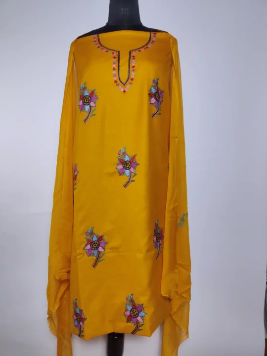 Mustard Kashmiri 3pc Suit Cotton with Hand Aari Embroidery Rawayat