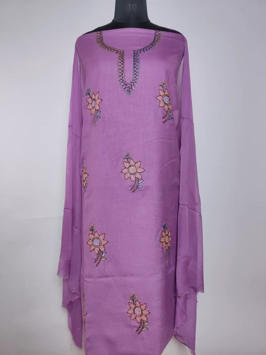 Kashmiri 3pc Suit in Naqsh Purple Cotton with Hand Sozni Embroidery