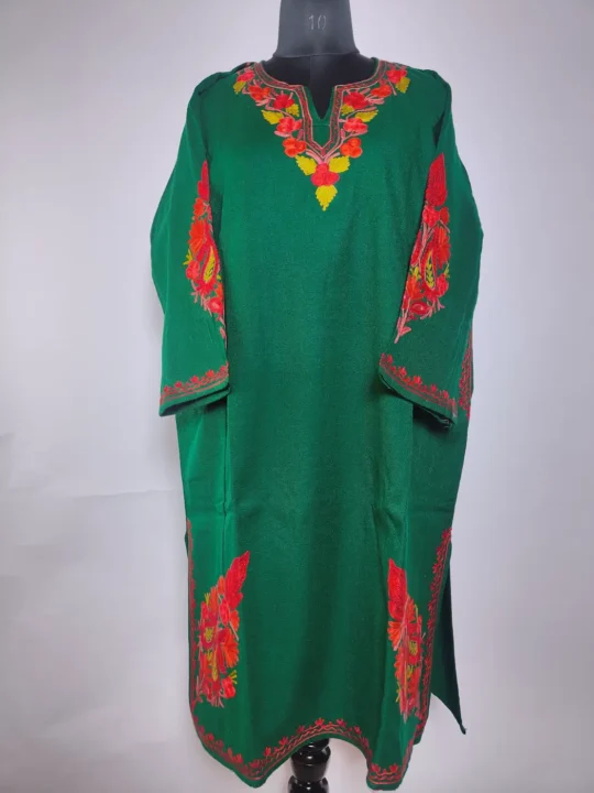 Dark Green Shafeeq Pheran in Cashmilon Wool with Kashmiri Aari Embroidery