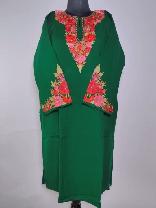 Dark Green Pheran in Cashmilon Wool with Aari Embroidery