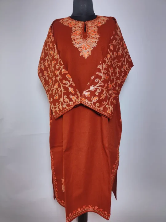 Gulposh Brown Kashmiri Pheran in Cashmilon Wool with Aari Embroidery