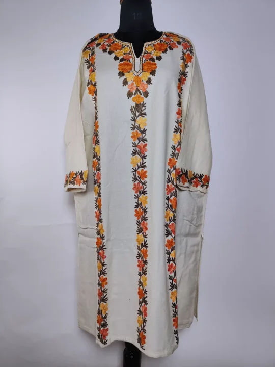 Kashmiri Pheran in Cream Cashmilon Wool with Istarah Aari Embroidery