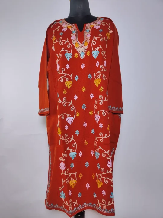 Ziyan Kashmiri Pheran in Rustic Orange Cashmilon Wool with Aari Embroidery