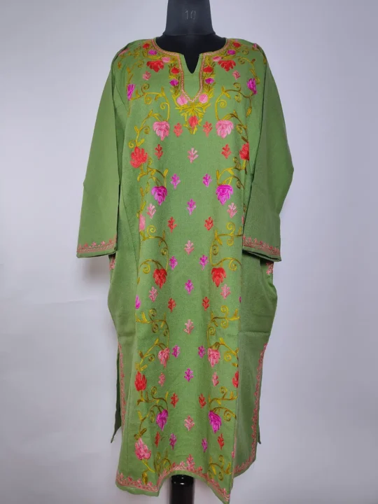 Kashmiri Afsan Pheran in Green Cashmilon Wool with Aari Embroidery